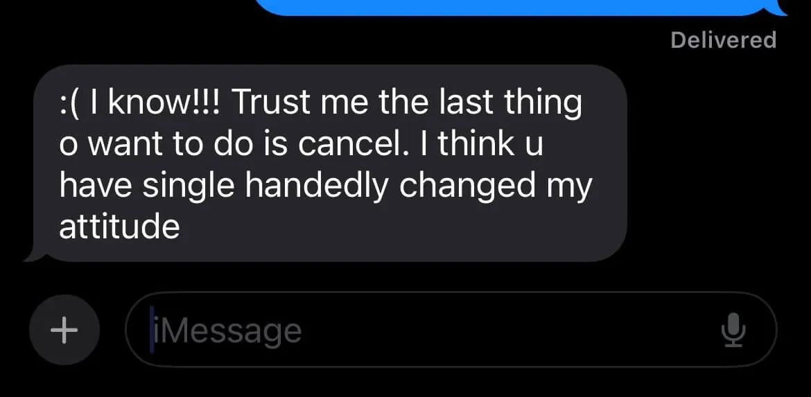 Text message from a client after a Table Work session.